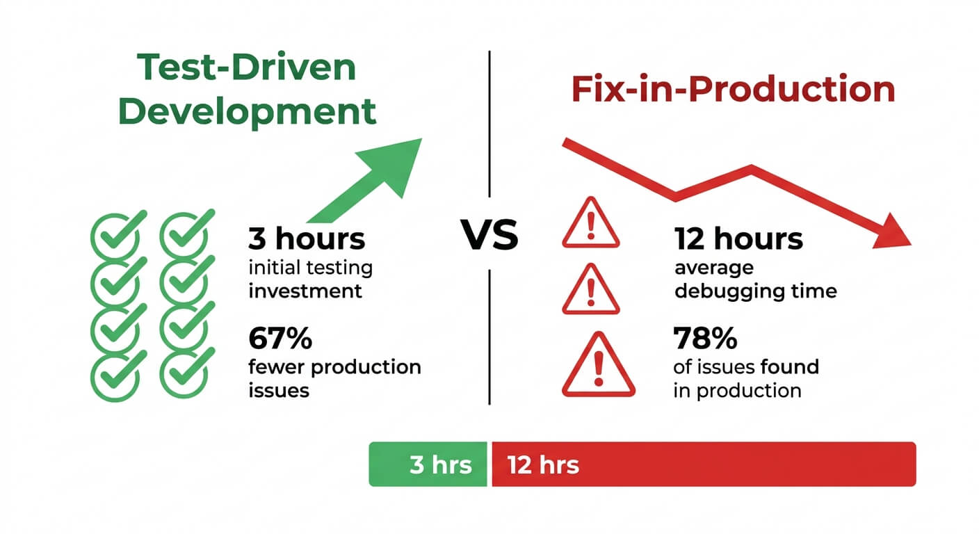 Comparison of test-driven development against fixing issues in production, contrasting testing time invested with debugging time and the share of issues caught before release