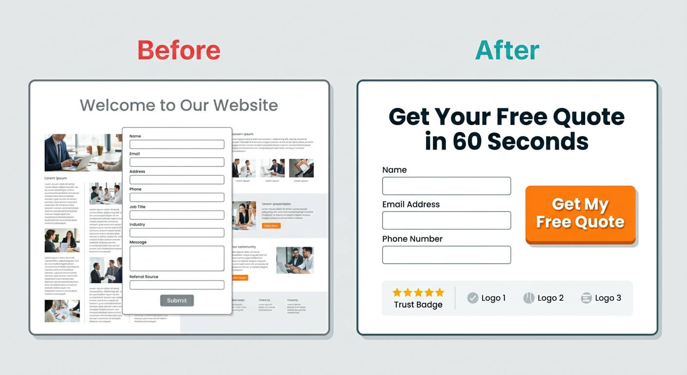 Side-by-side comparison of a cluttered nine-field landing page form next to a simplified three-field quote form with trust badges
