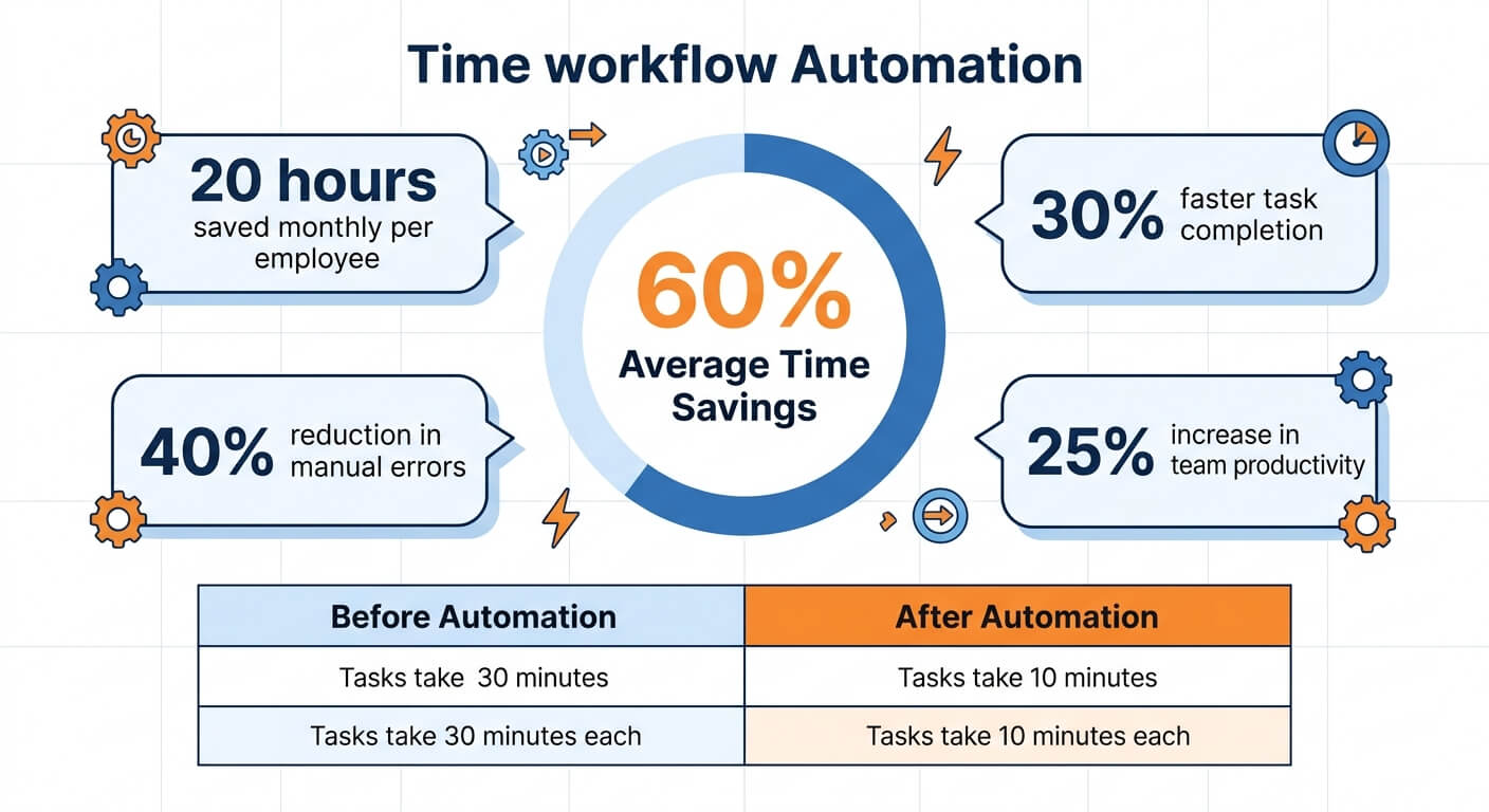 Infographic showing a 60% average time saving from workflow automation, broken down into hours saved per employee, faster task completion, fewer manual errors and higher team productivity, with a before-and-after table of task duration