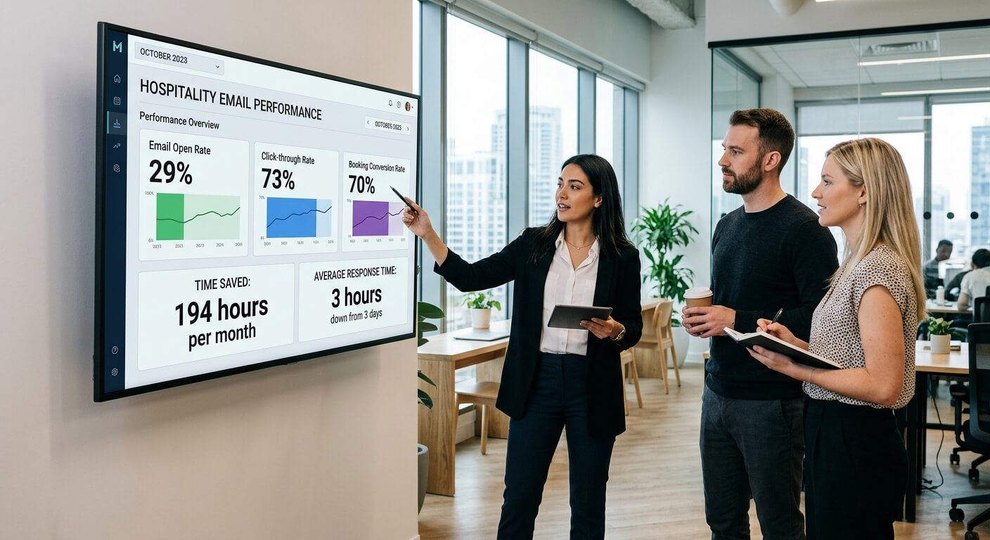 Wall-mounted dashboard showing hospitality email performance metrics, including open rate, click-through rate, booking conversion rate and time saved, while a team discusses the results