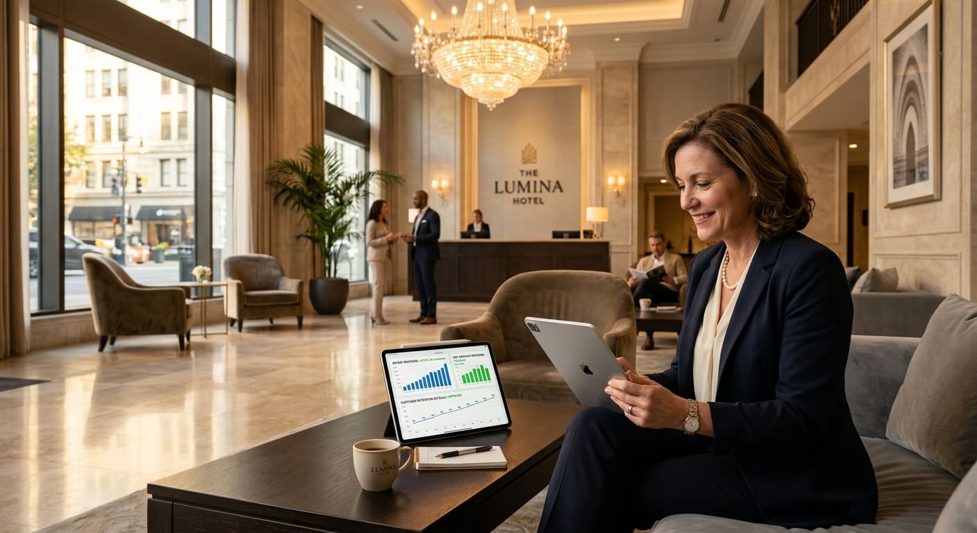 Hotel manager reviewing performance charts on a tablet in the lobby of The Lumina Hotel