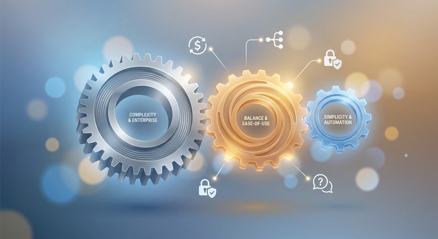 Abstract illustration of three interconnected gears representing platform integration and workflow complexity